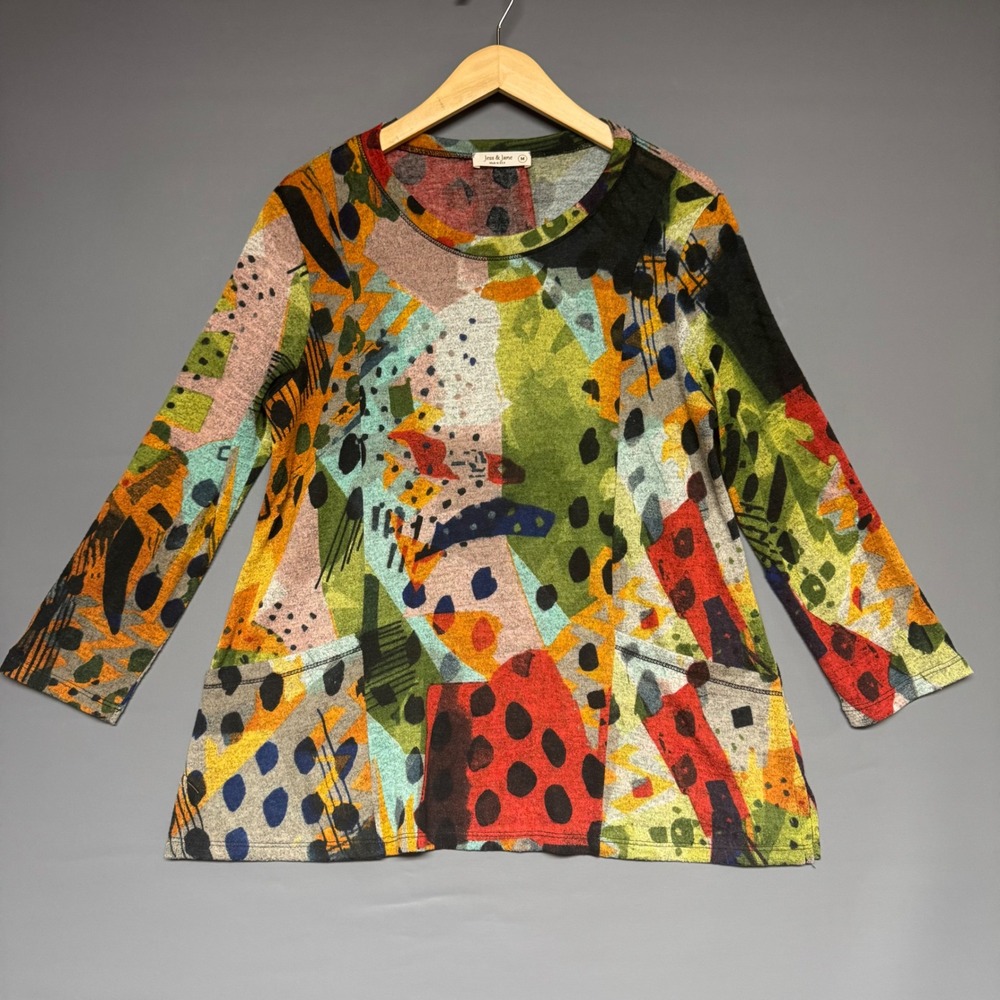 Jess & Jane Womens Pop Art Abstract Print Tunic Top Multi Color Size M Pockets